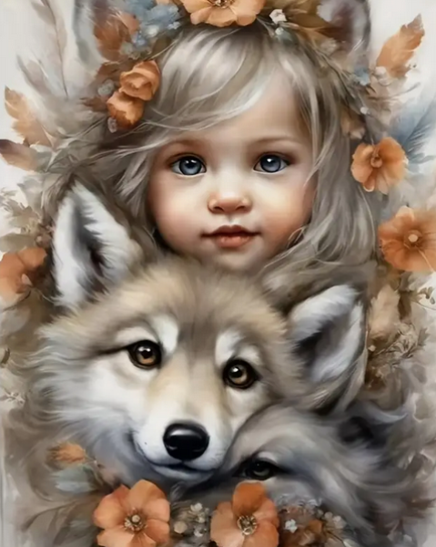 Malen nach Zahlen Blumenkind mit Wolf